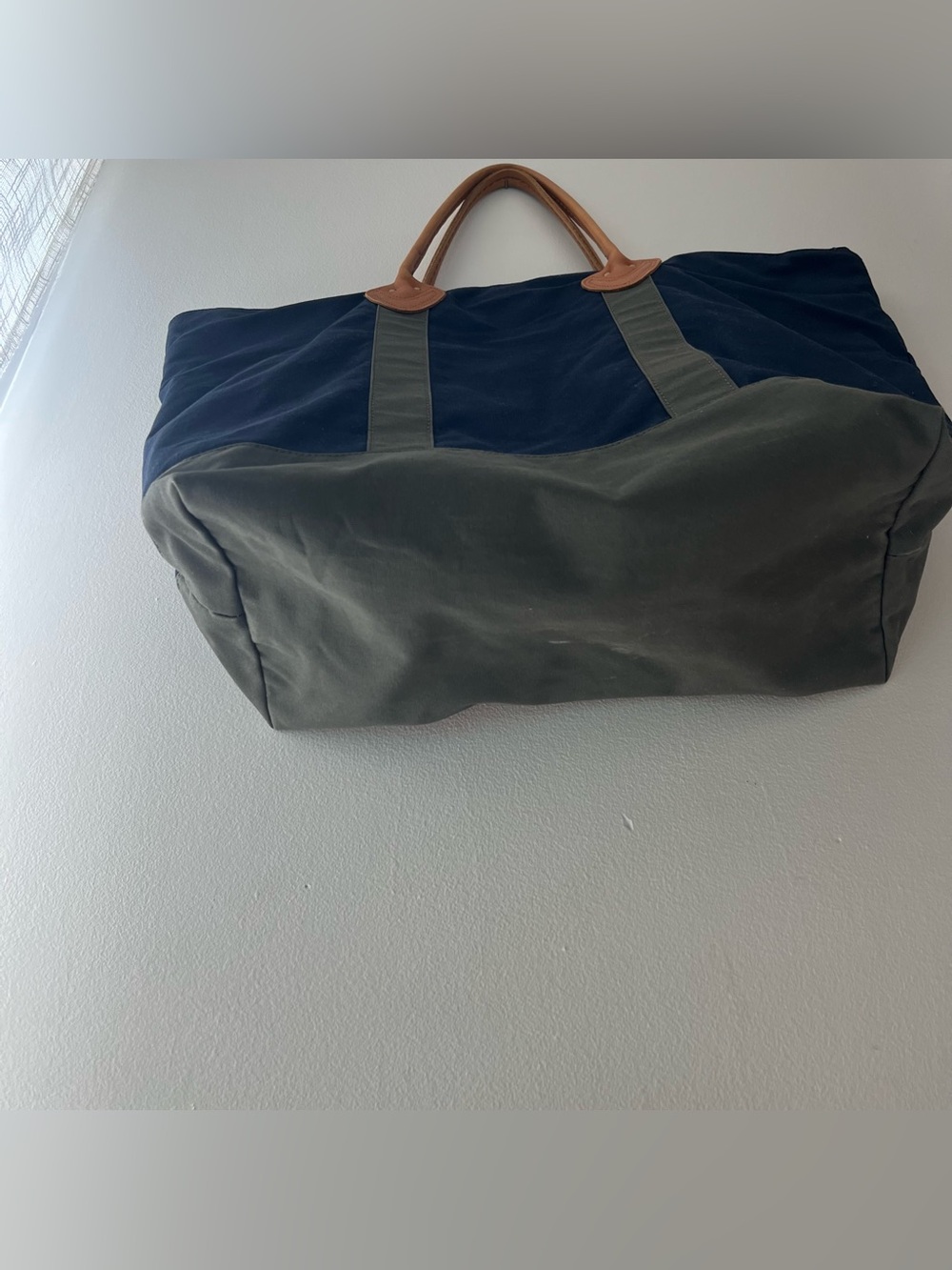 LL Bean Boat And Tote Canvas Bag Canvas Navy Blue Gray Leather Handles 24x18 - Picture 6 of 12